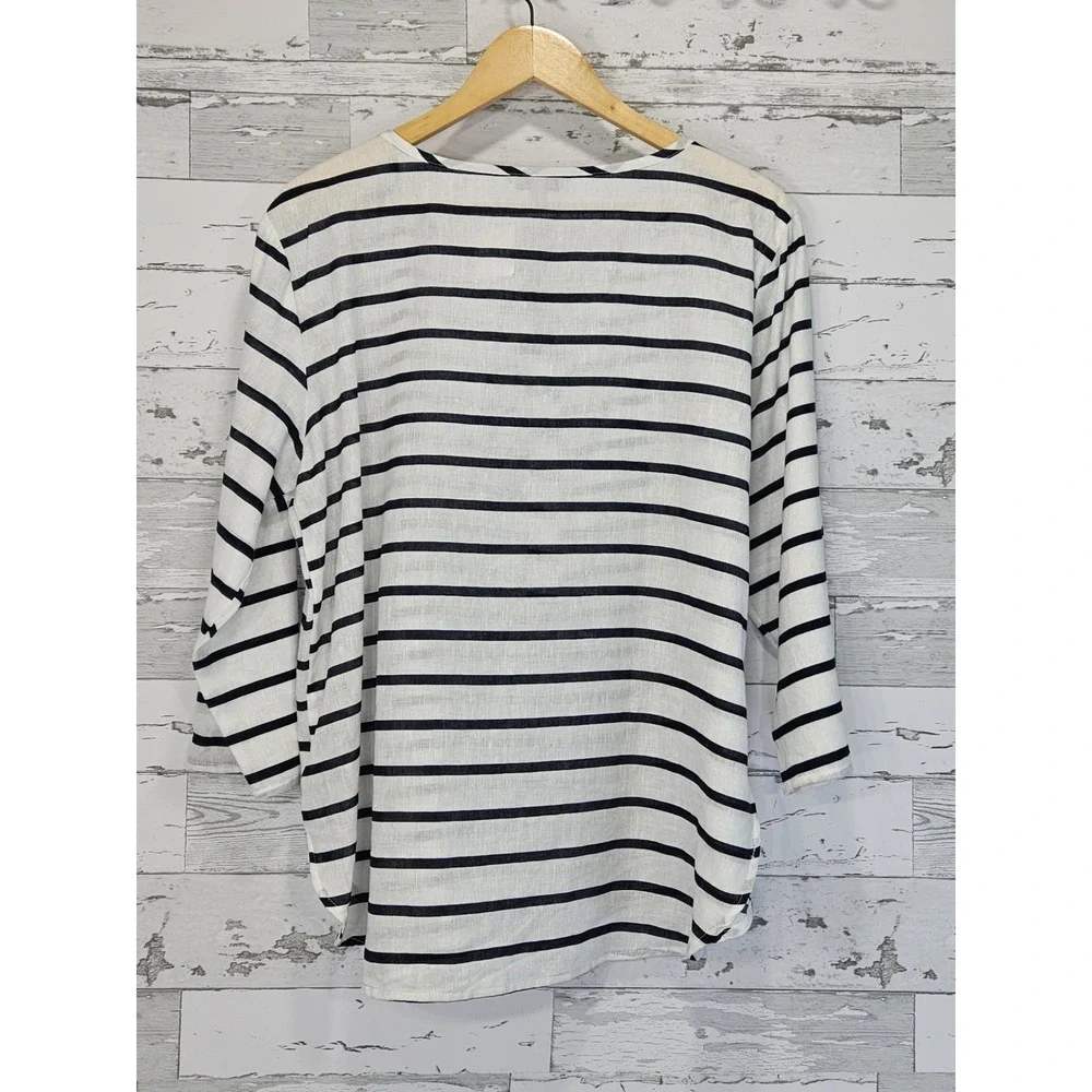Hester & Orchard Linen Blend Top Striped Blue White Large 3/4 Sleeves - Picture 4 of 9